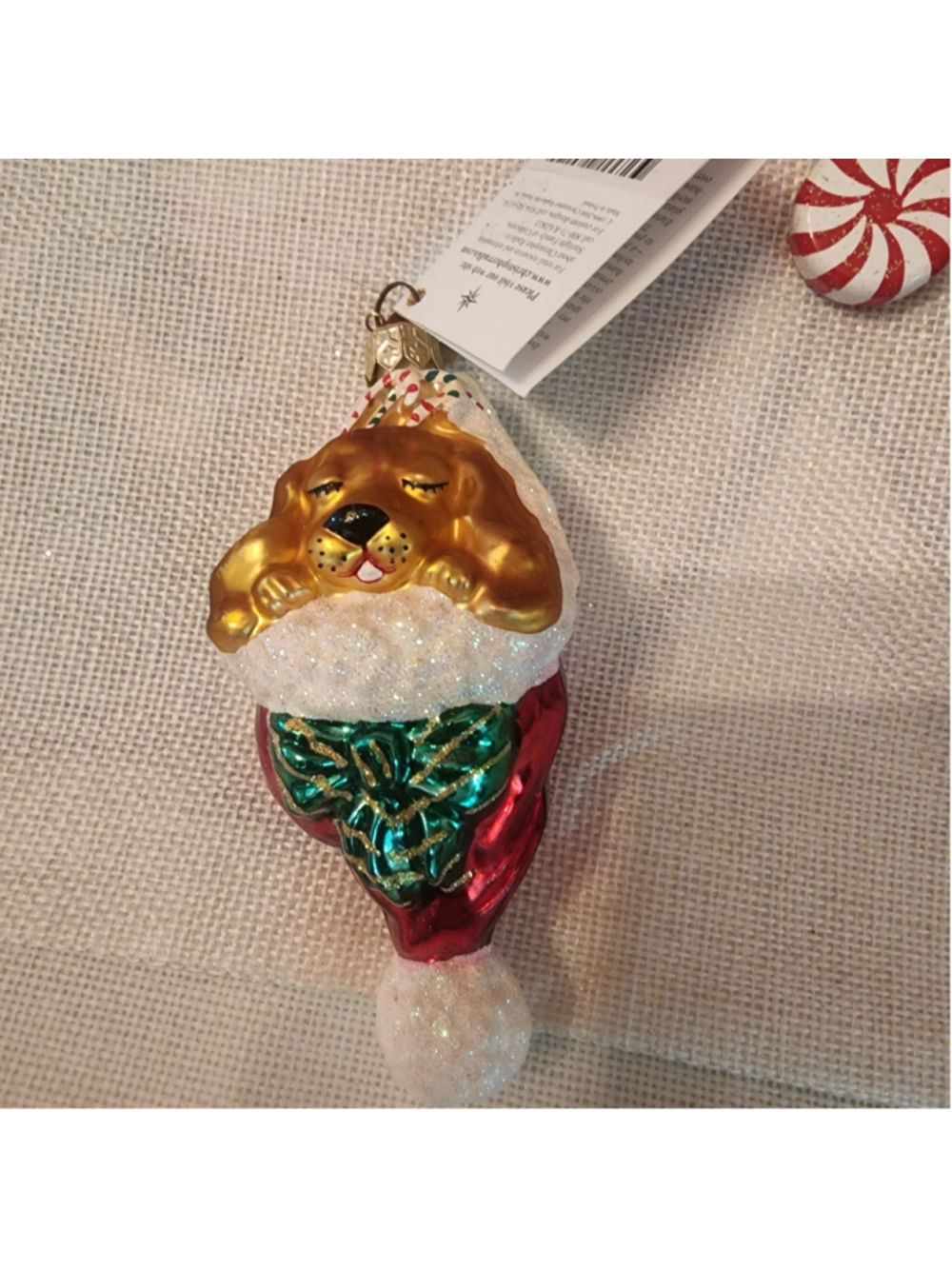 Christopher Radko Christmas Ornament Red Gold Dog Stocking, "Snuggle Pup". NWT